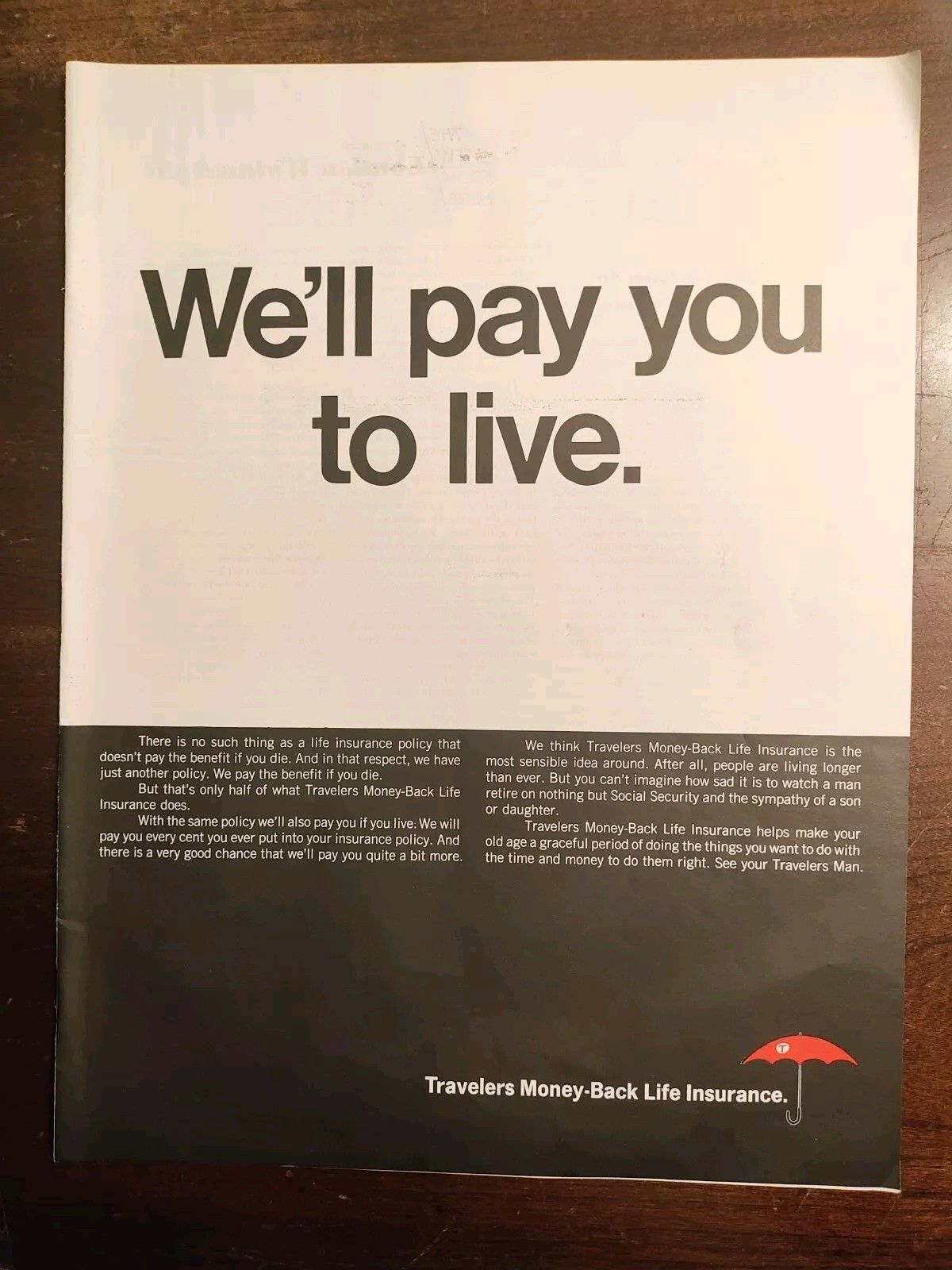1967 Travelers Money-Back Life Insurance Full Page Vintage Magazine Ad