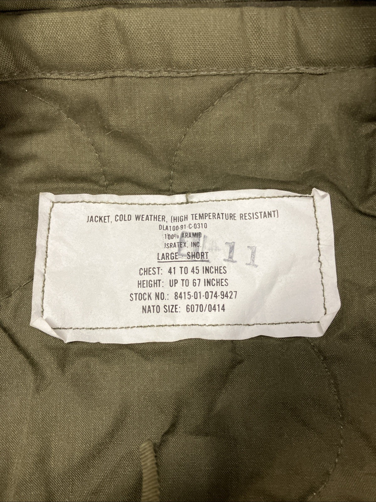 Cold Weather High Temperature Resistant Jacket LARGE SHORT OD Green