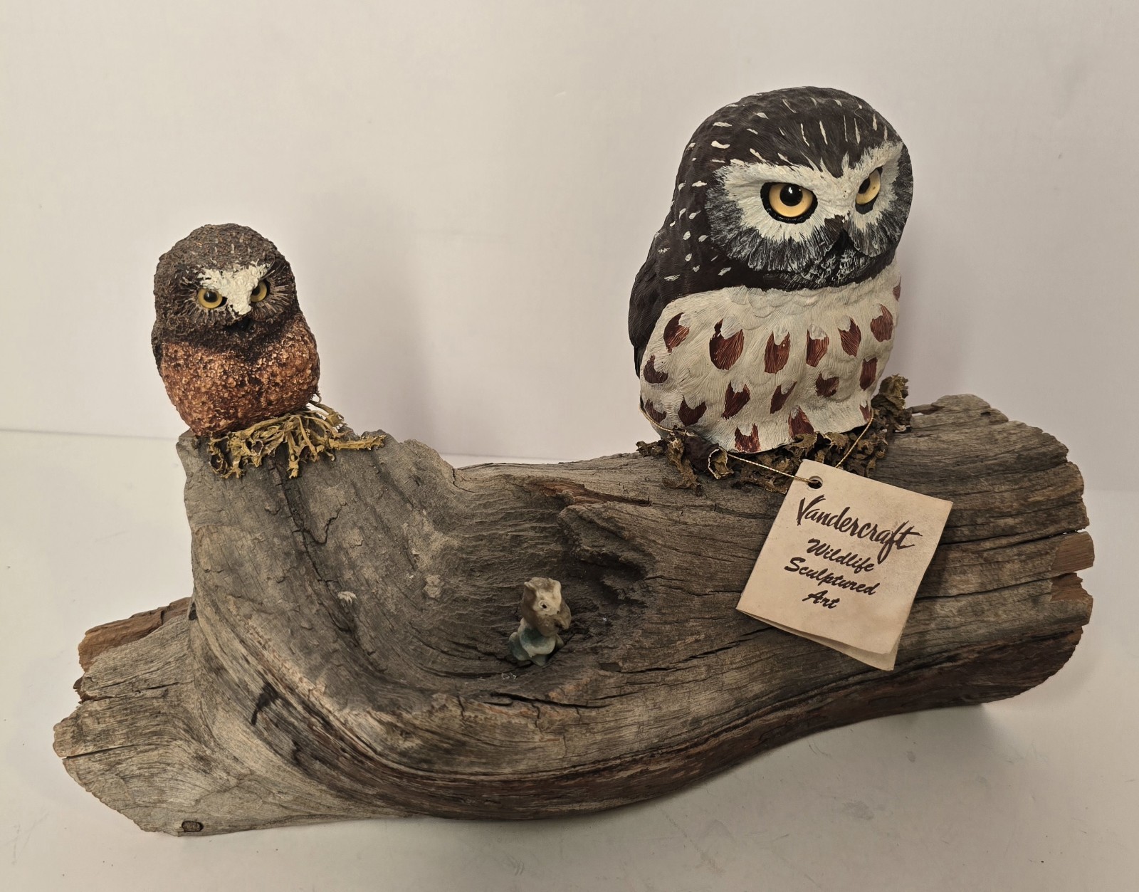 Vintage Hand Carved Painted Owls on Branch Drift Woood Figurine Glass Eyes Bird