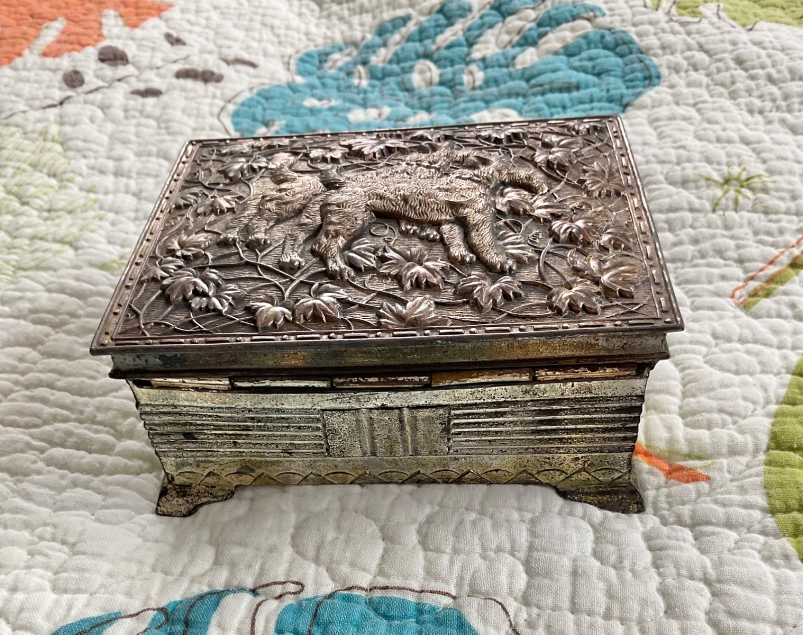 Vintage, Silver Plated Trinket Box With Dogs on Lid, Mid 20th Century!