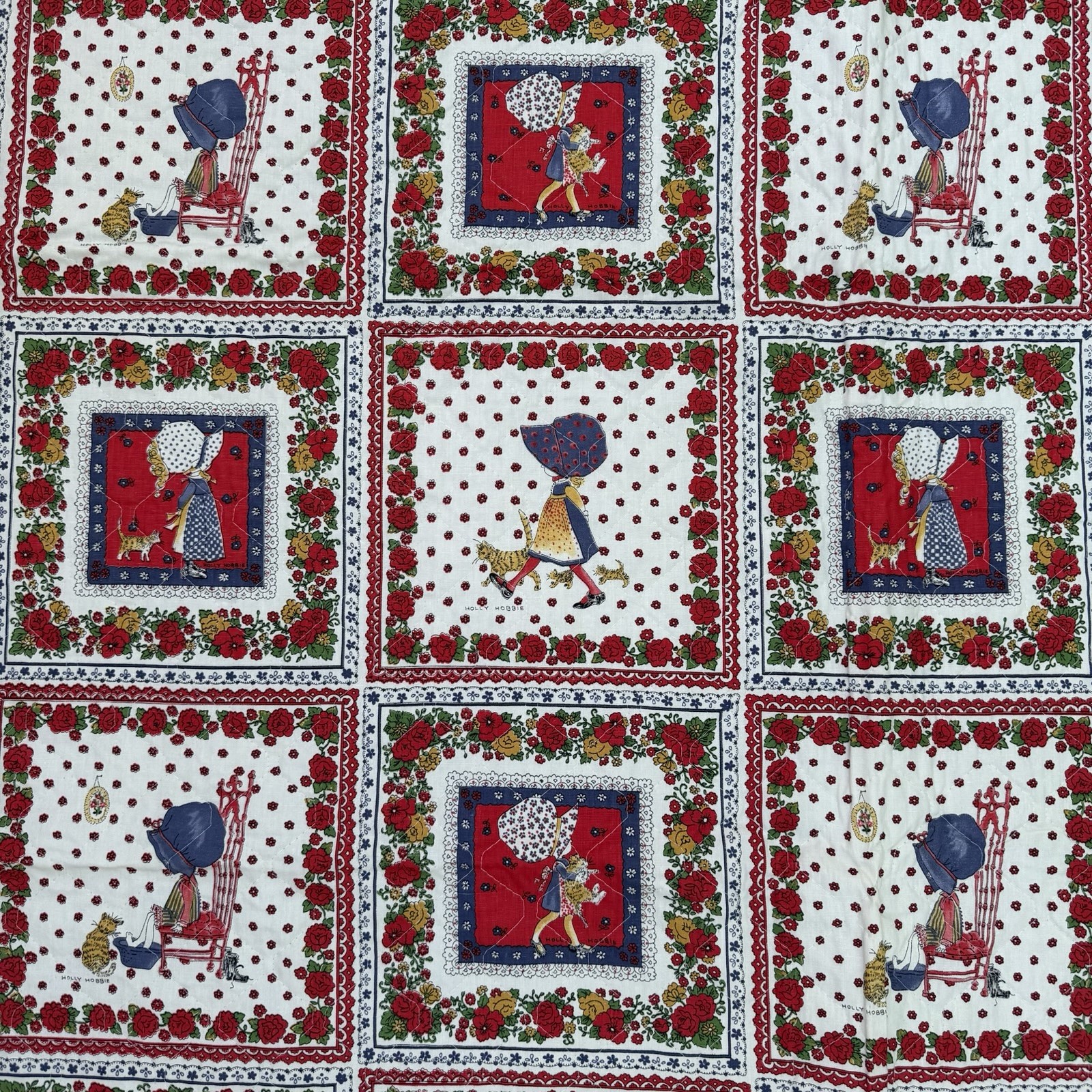 Vintage 70s Holly Hobbie Girl Kitten Bandanna Cheater Quilt Fabric Manes 44×125”