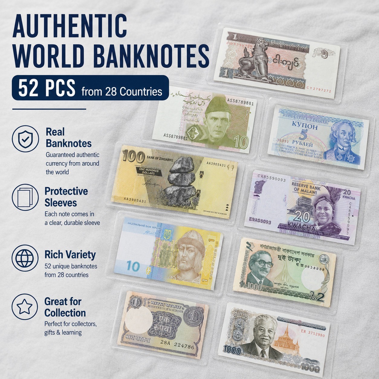 Lots 52 Pcs Different World Banknotes Paper Money Foreign UNC Collection Gift