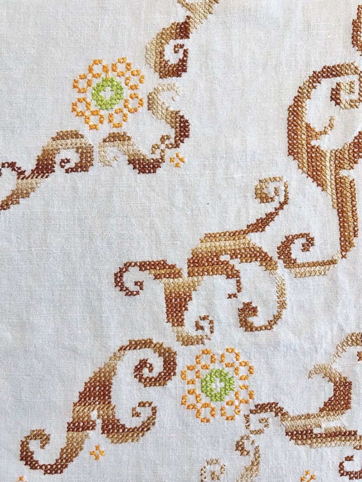 Vtg Handmade Cross Stitch Tablecloth White Multi Floral Rectangle 62×44” Grandma