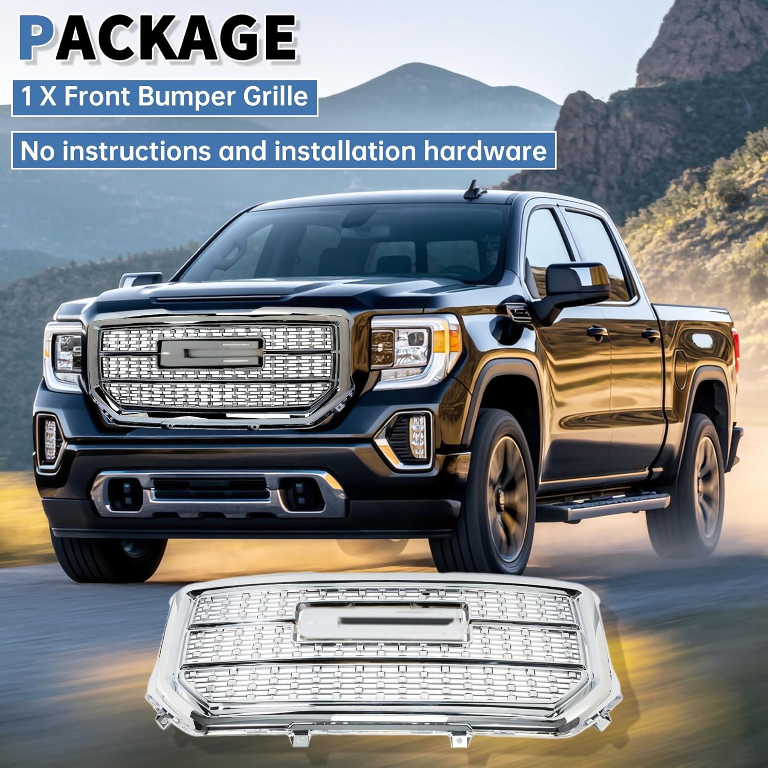 Front Upper Grille Compatible with 2016-2018 GMC Sierra 1500 Base SLE SLT Denali
