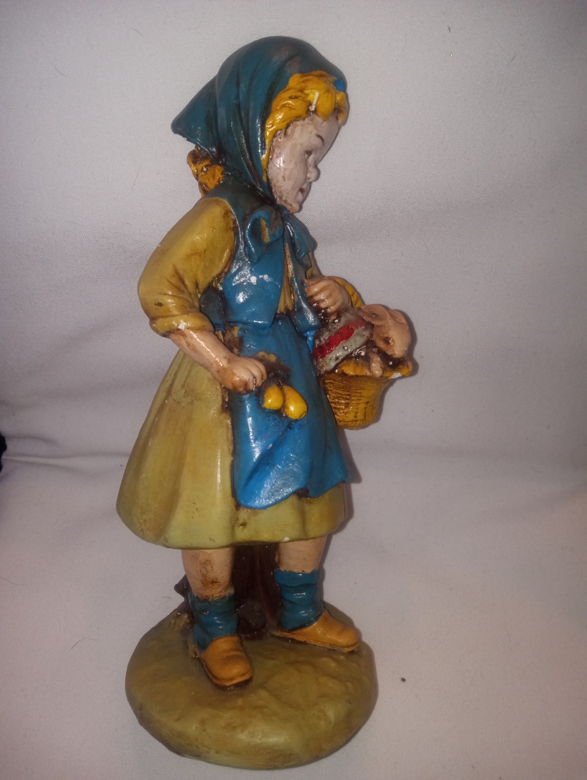 Vintage Continental Studio Chalkware Boy with Apples & Girl with Bunny 9.5″ tall