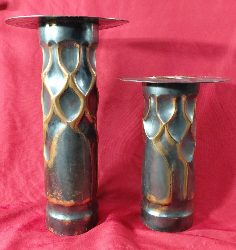Pair Pillar Candle Holder Mixed Materials Copper Metal & More 9″ & 12″