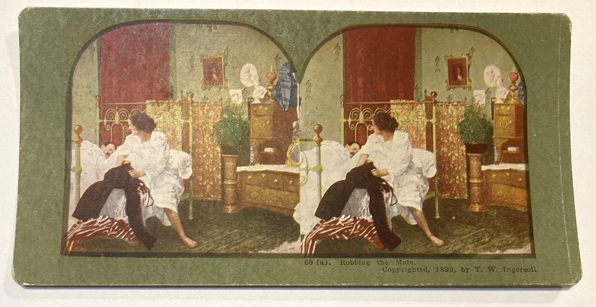 Antique Stereoview Card No 60 Robbing the Mate Pickpocketing Green Border