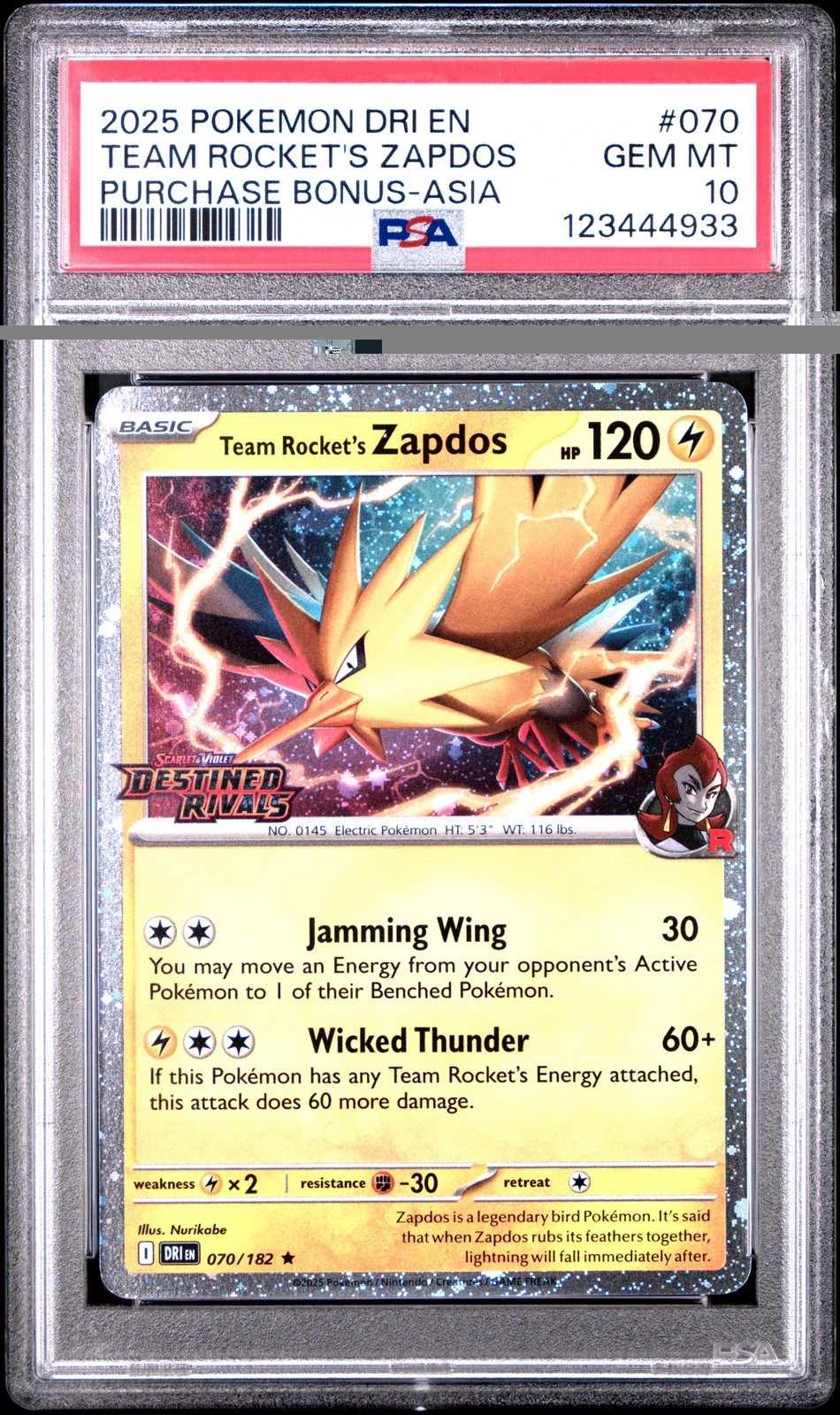PSA 10 Team Rocket’s Zapdos 070/182 Destined Rivals ASIA EXCLUSIVE GEM MINT