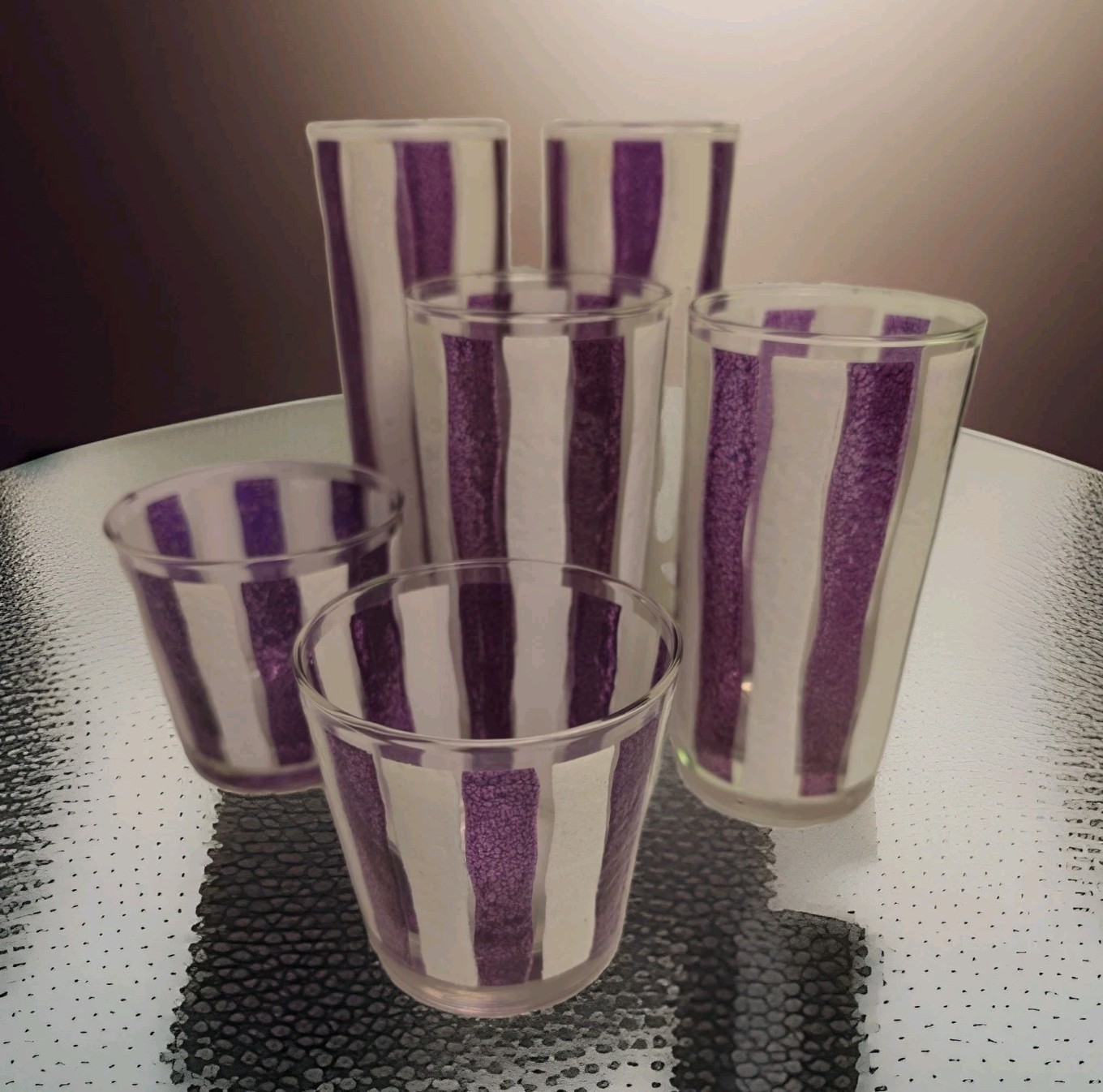 VTG MCM Libbey Awning Glasses Striped Purple & White Barware Set 6 Complete RARE