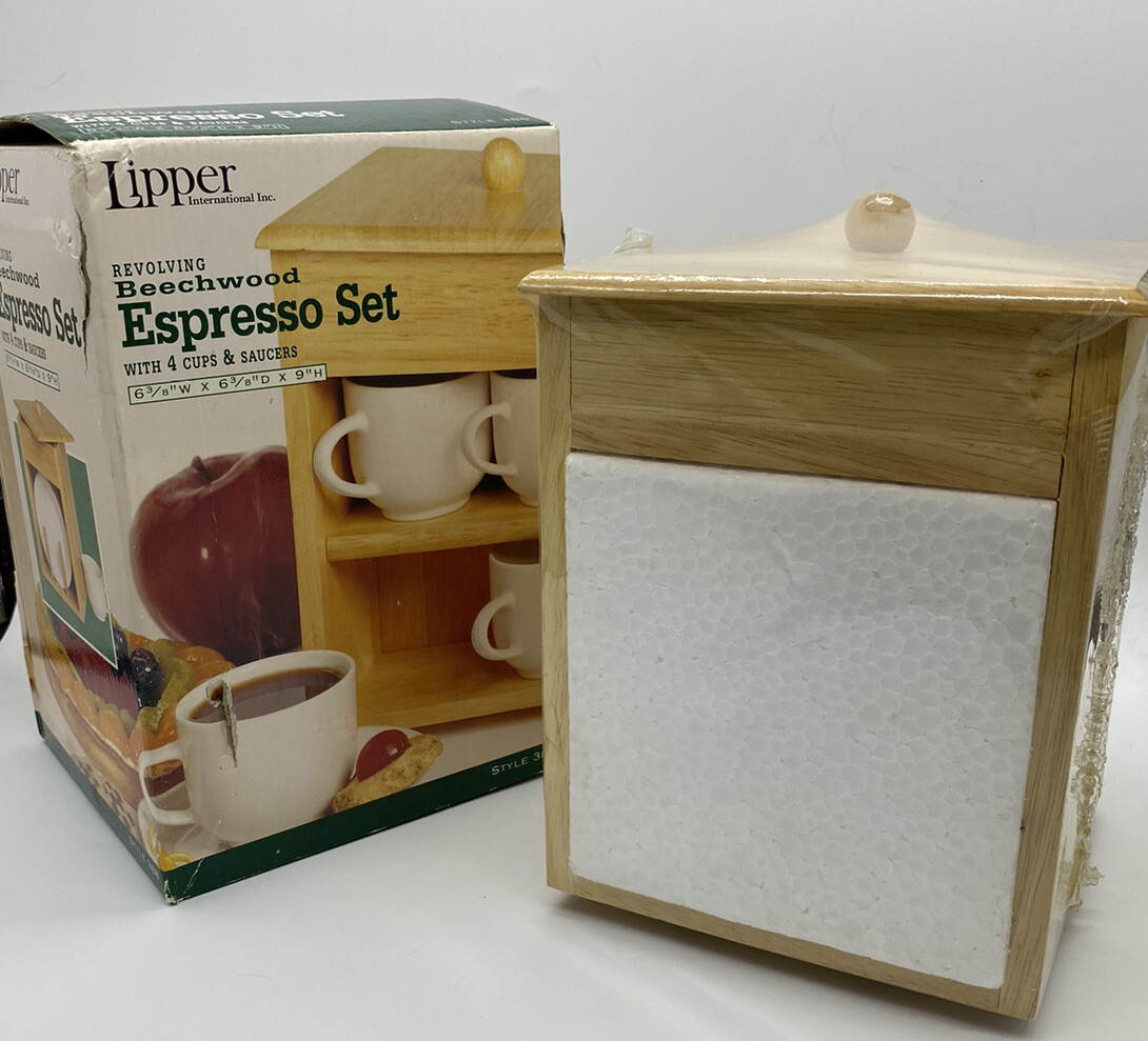 Espresso Set 4 Cups & Saucers 9” LIPPER INTERNATIONAL INC. Revolving Beechwood