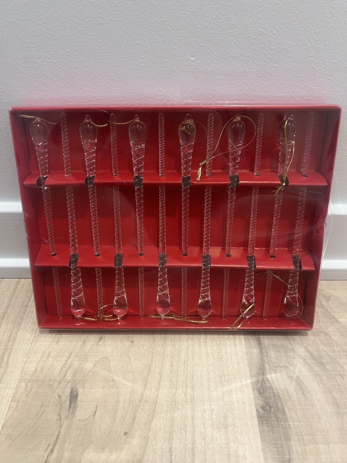 Pier 1 Glass 7″ Icicle Vintage Christmas Tree Ornaments Set of 12 Original Box
