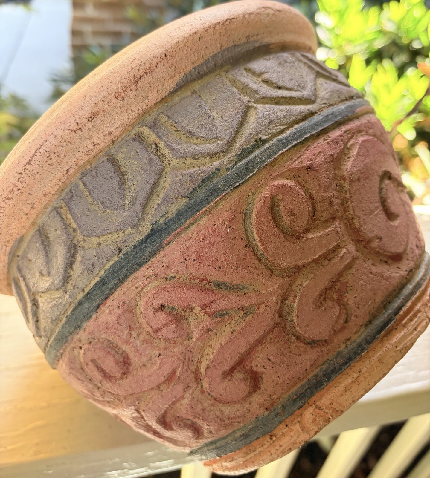 Rustic Carved & Soft Hues Matte Painted Clay 9×6.25” Thai Cachepot/No Drainage