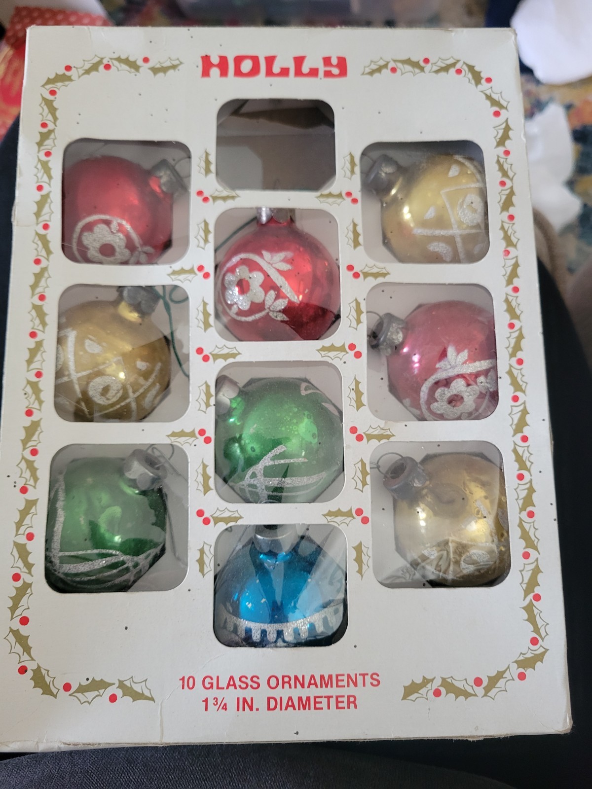 Vintage Holly Glass Christmas Ornaments Multicolor Stencil 2 1/4”~Set of 9, EUC