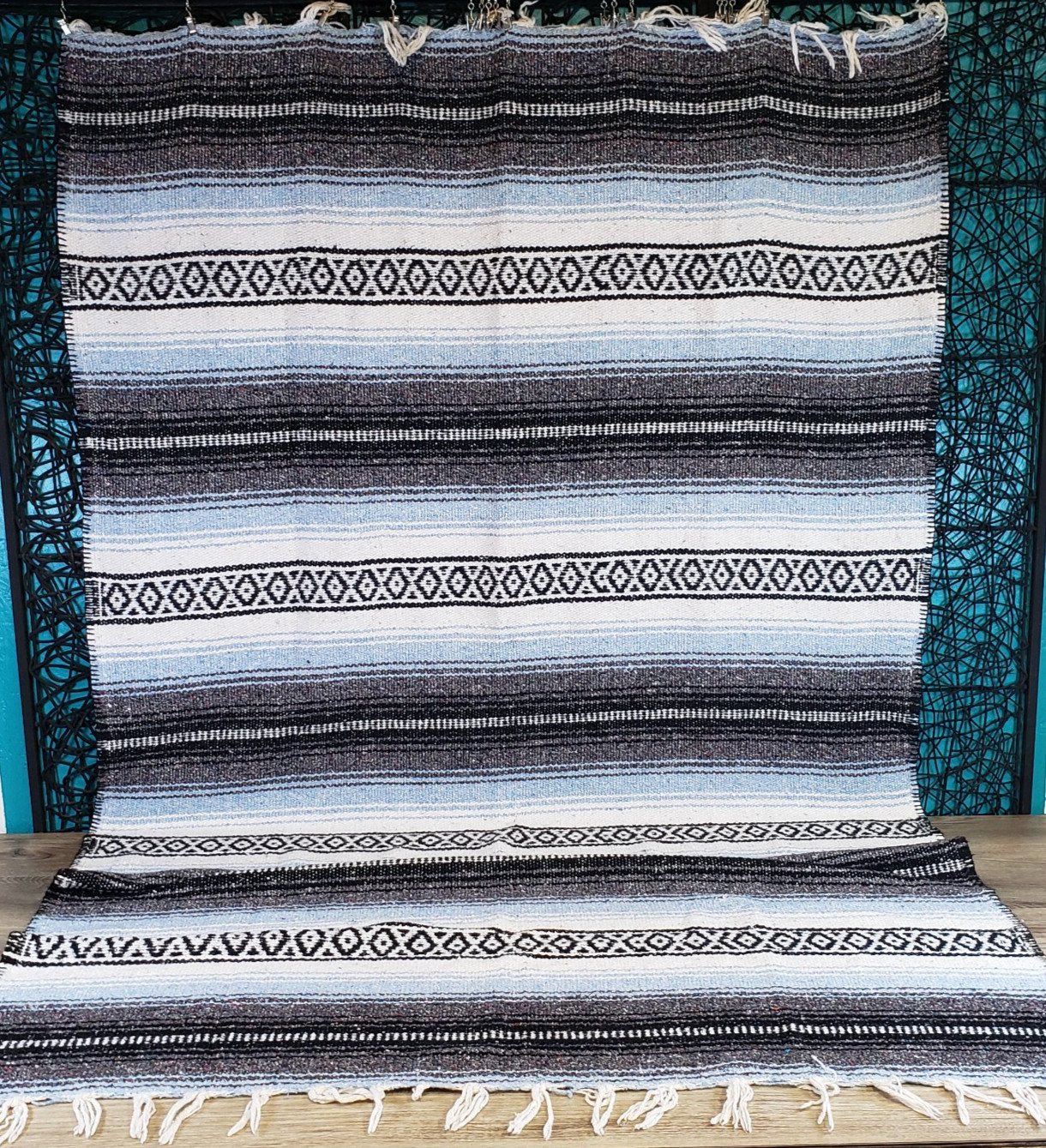 Authentic Mexican Falsa Blanket Blue White Gray 73″ x 45″ Car Seat Beach Yoga