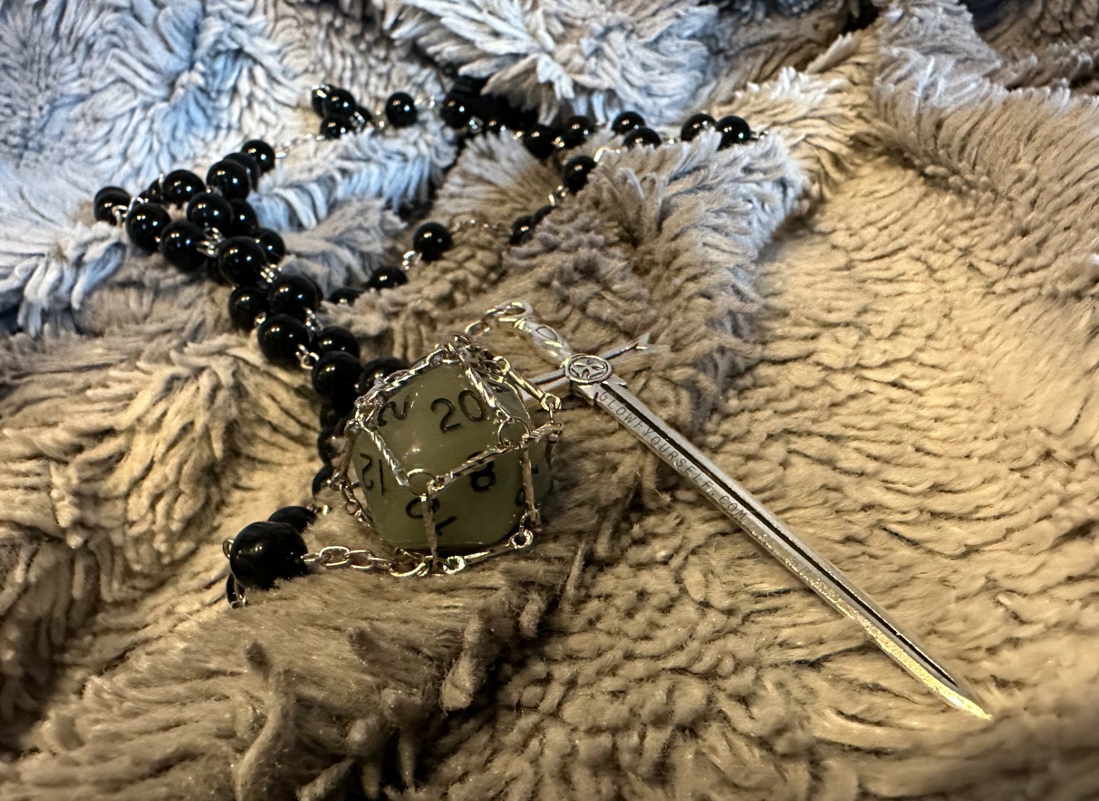 Black and Silver GLOWING D20 Long Sword Rosary! For those Hail Mary kinda games