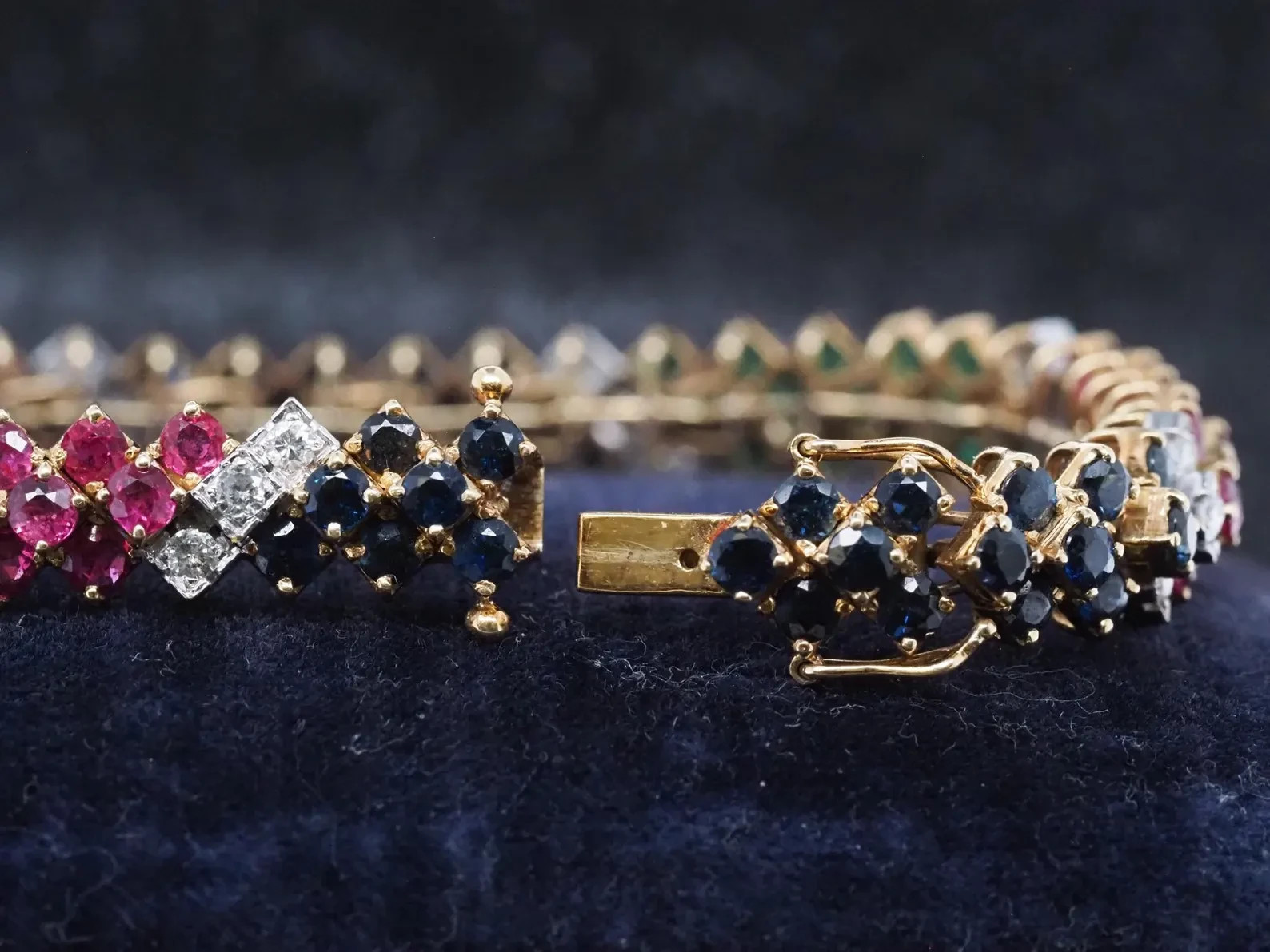 Estate Ruby,Emerald,Sapphire & Diamond 18K Yellow Gold Over Tennis Bracelet 7″