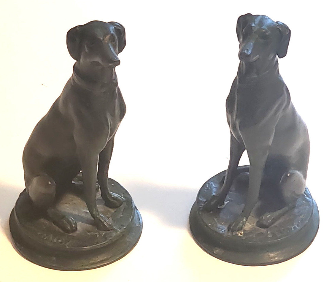 PAIR of ANTIQUE BRONZE SITTING DOGS SCULPTURES SIGNED BARYE 6 1/4″ HIGH
