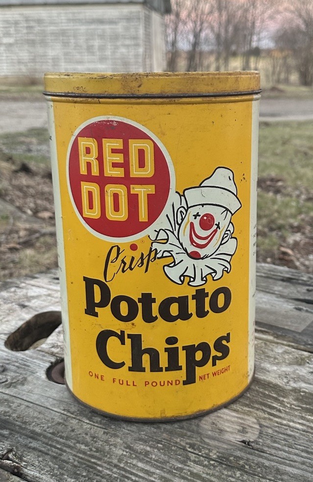 VINTAGE RED DOT POTATO CHIPS 1 LB TIN Yellow CLOWN MADISON WI Crisps