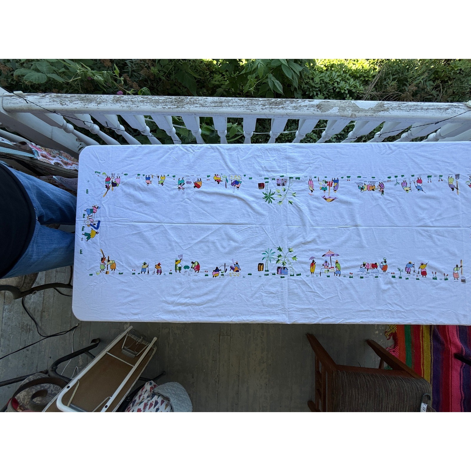 Vintage Hand Embroidered Linen Tablecloth & 12 Napkins Tropical Folk Art Set