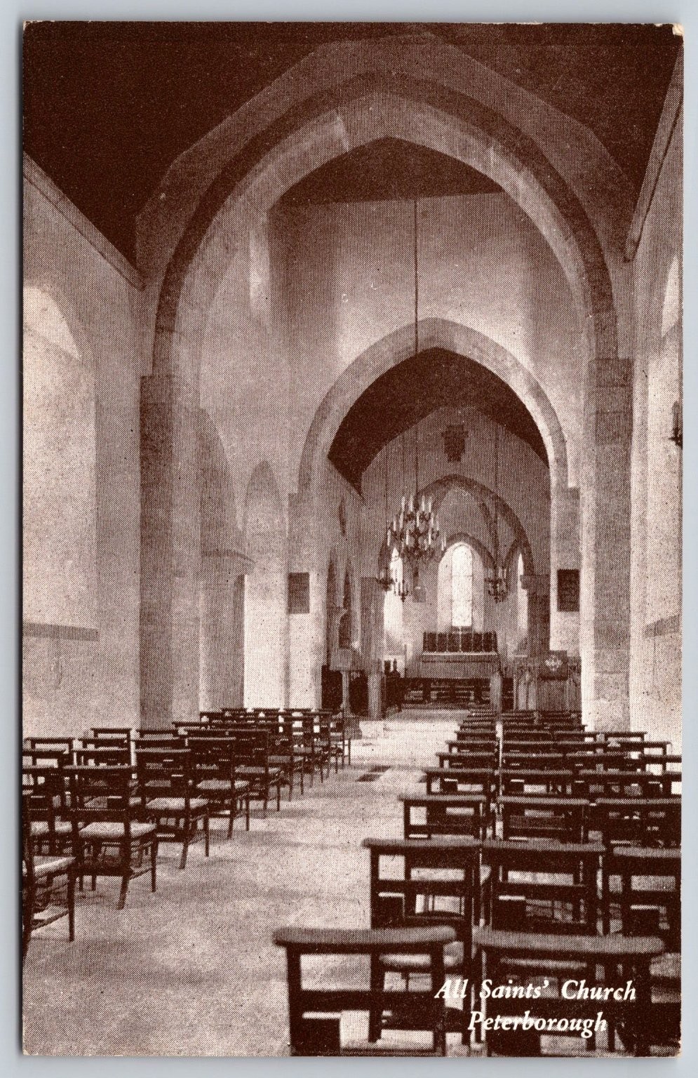 Vintage All Saints’ Church Peterborough Sepia Postcard Interior View A346