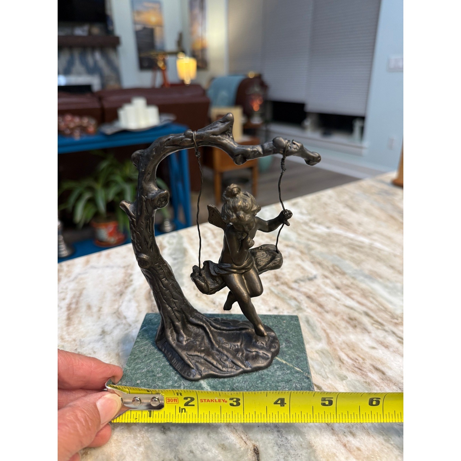 Vintage Bronze Fairy on Tree Swing Figurine Green Marble Base Signed Art Deco