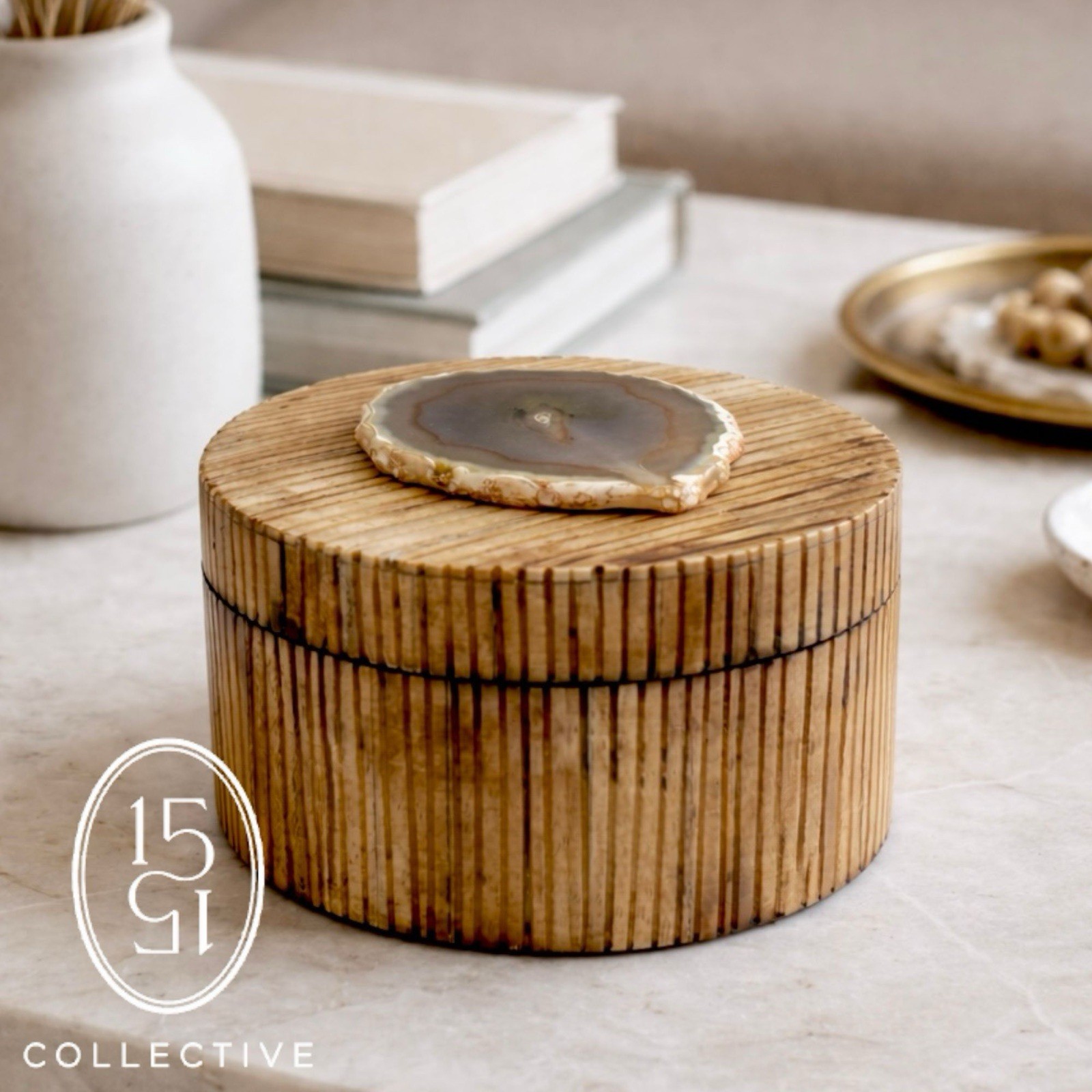 GLOBAL VIEWS Chiseled Bone & Agate Quartz Decor Box – Trinket Jewelry Storage