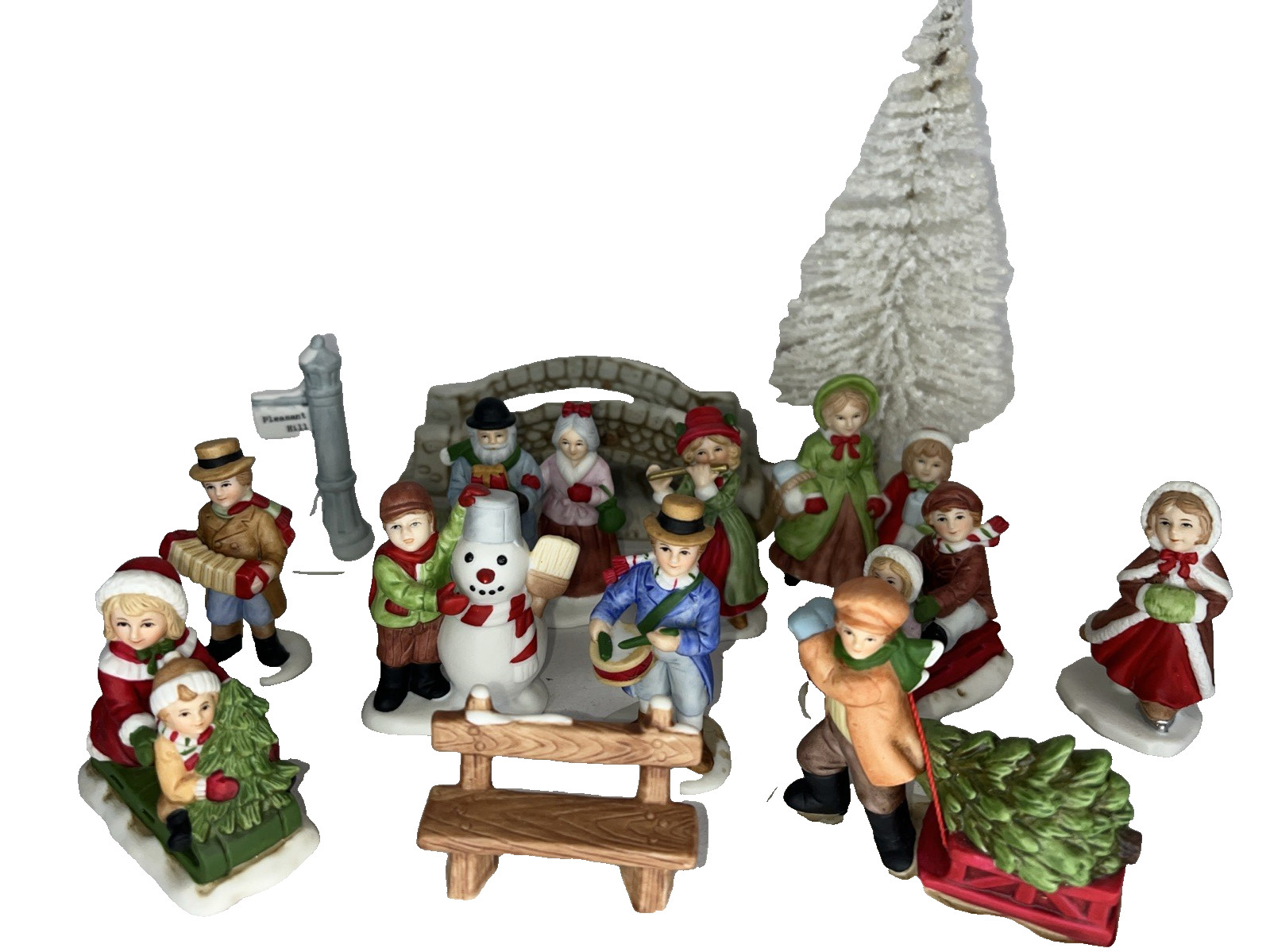 Homco Christmas Village Lot Figures Bridge Random Tree Snow Sleds Music