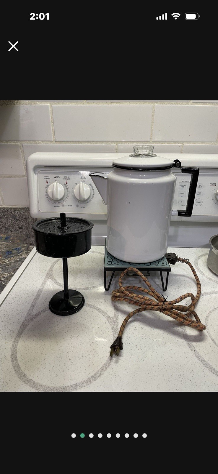 Antique White Enamelware Coffee Tea Pot Electric Ceramic Tile Hot Plate stand