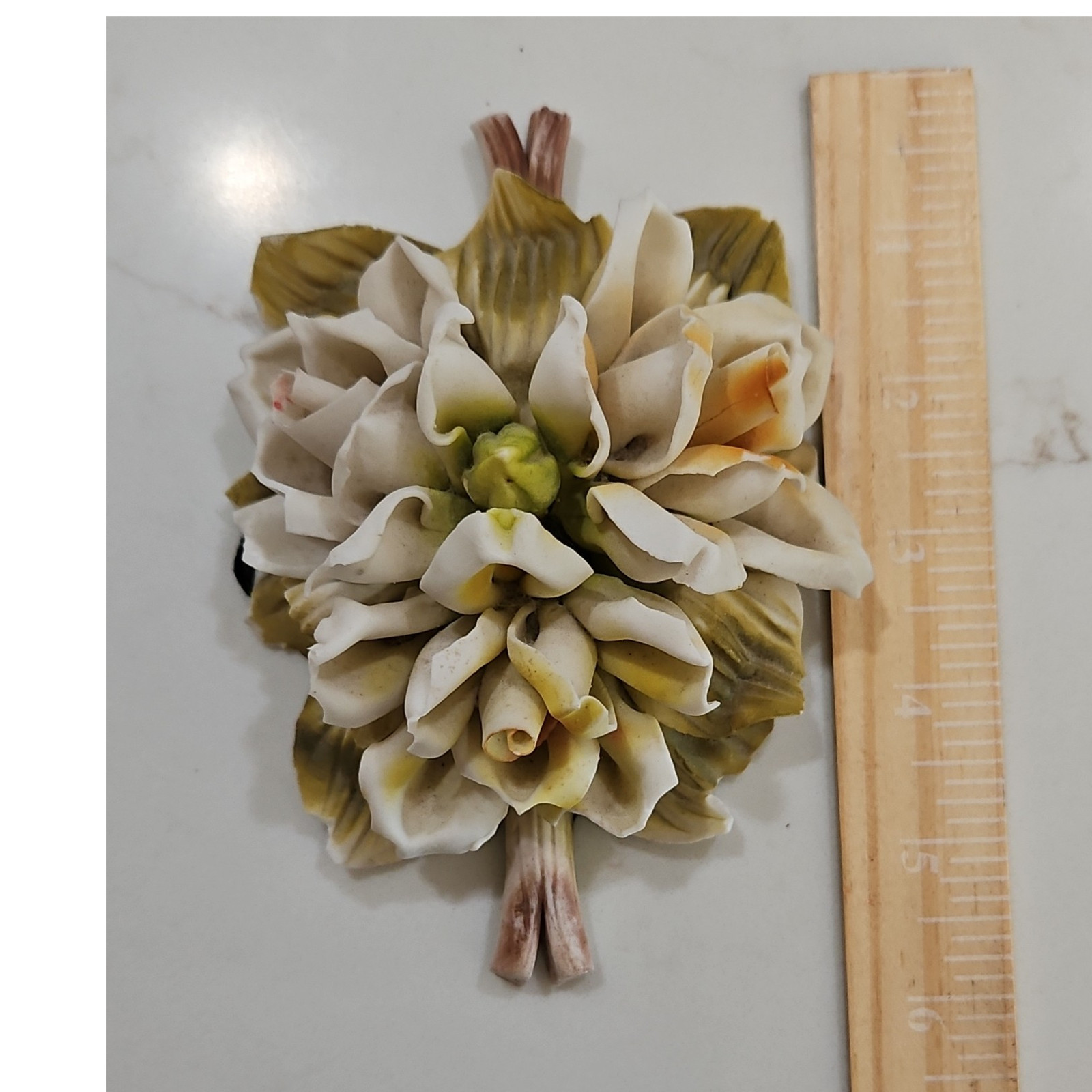 Porcelain Flower Figurine Hand Painted White Green Yellow Brown Matte Small