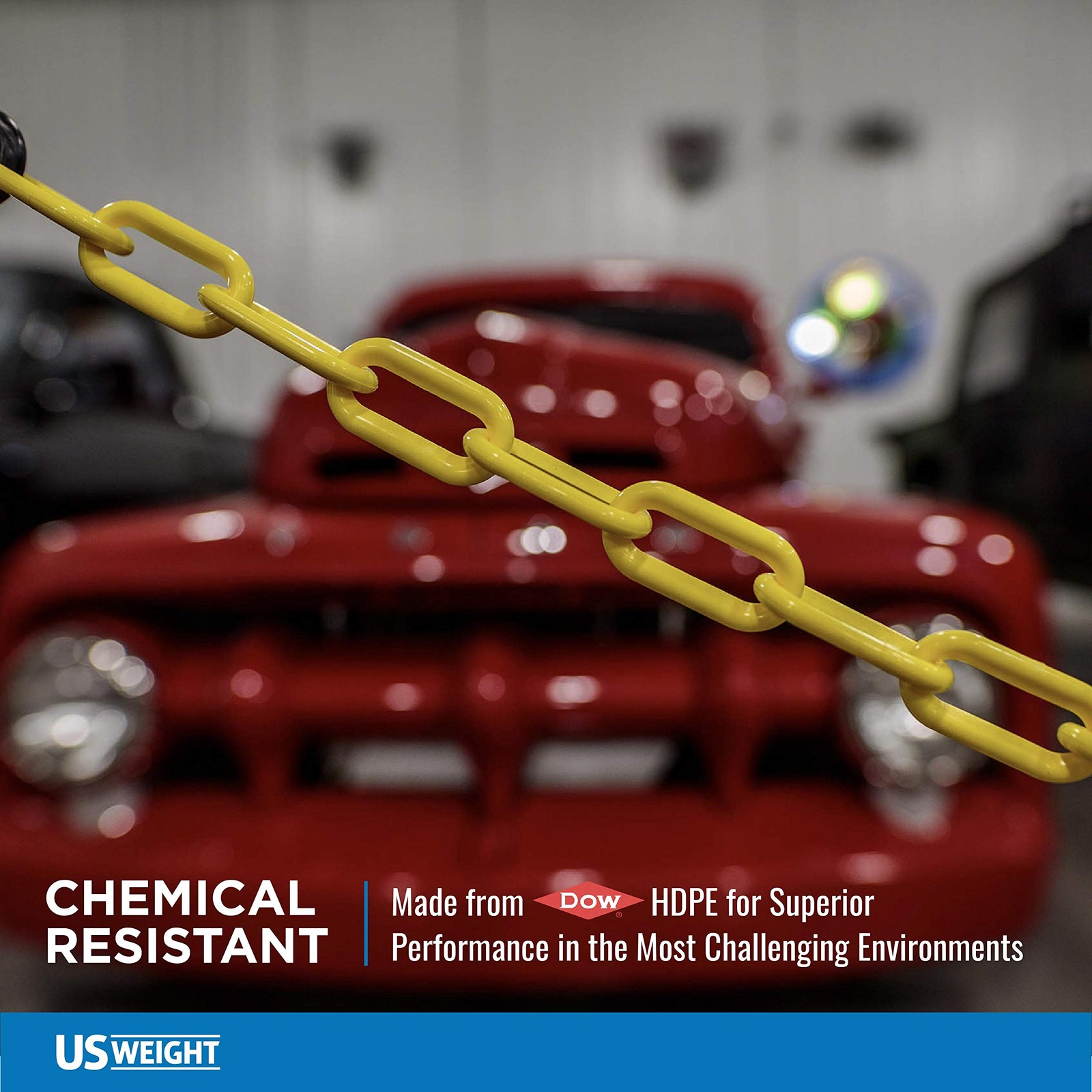 100ft Yellow HDPE Safety Chain with UV Protection Made in USA Durable Quality