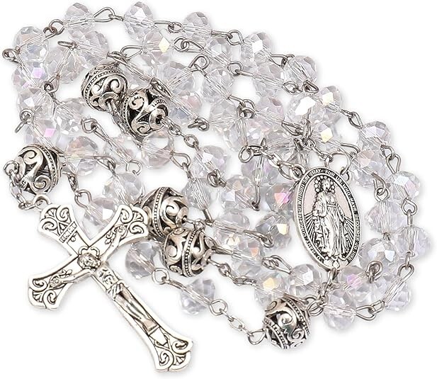 8mm White Crystal Beads Rosary Necklace with 10mm Alloy Mystery Beads Miraculous