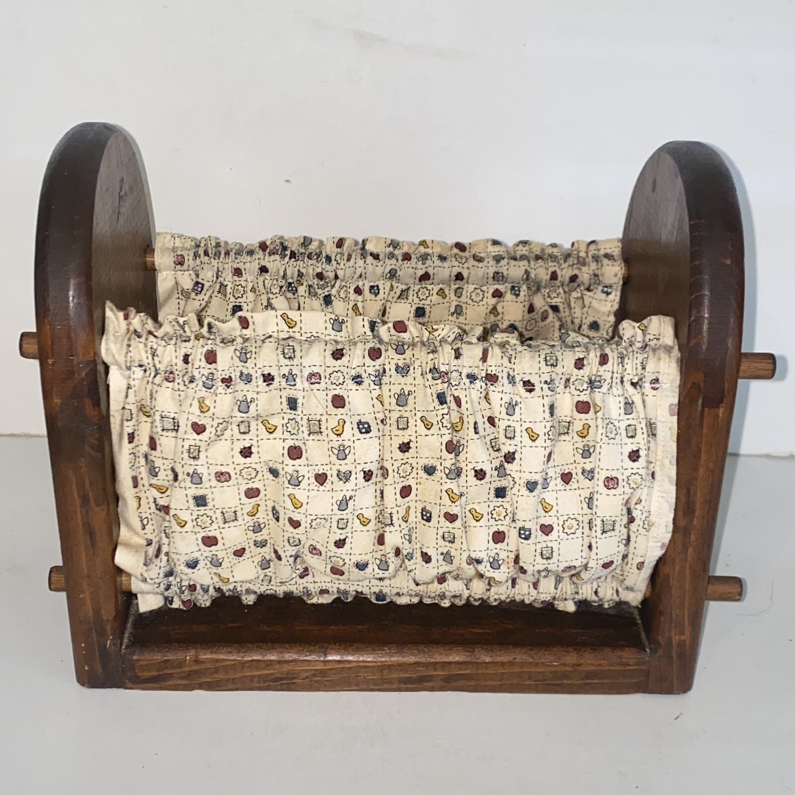Vintage Napkin Holder Solid Dark Wood Cream Printed Fabric Sides Retro Decor