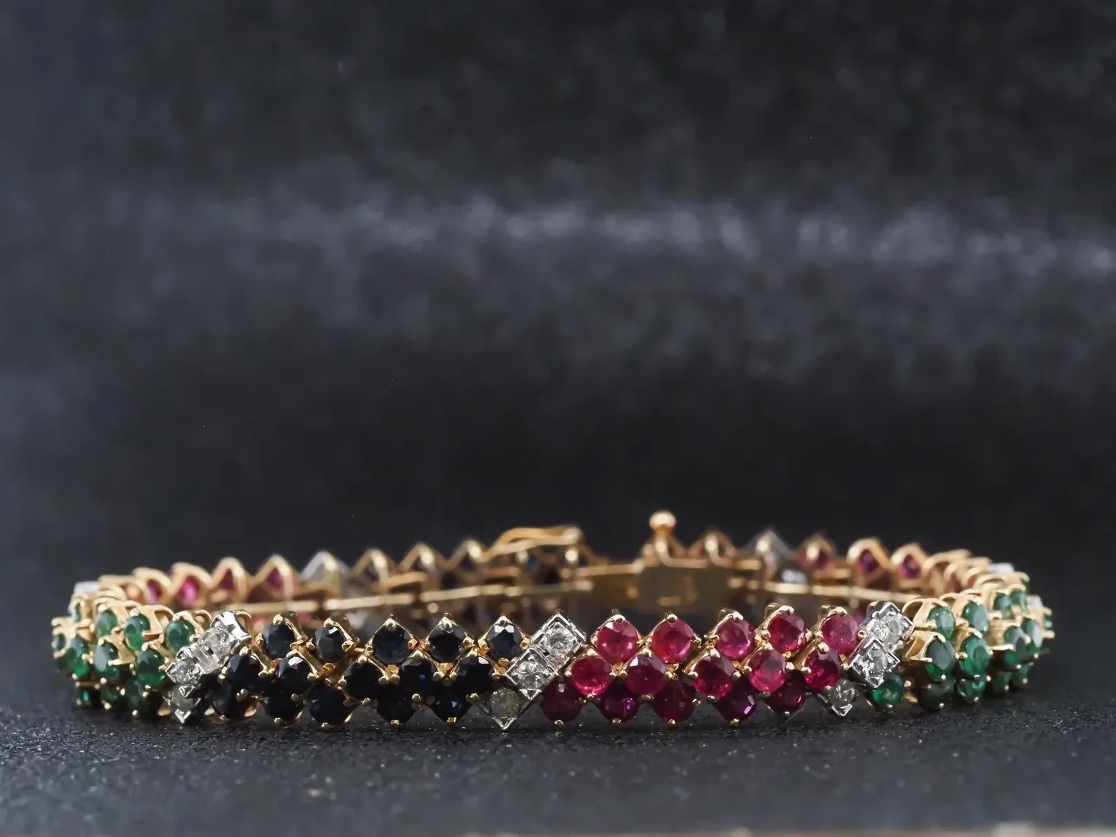 Estate Ruby,Emerald,Sapphire & Diamond 18K Yellow Gold Over Tennis Bracelet 7″