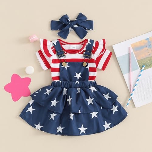 Baby Girl 4th Of July Outfit 3-6 Months Red Striped Star Suspender Dress