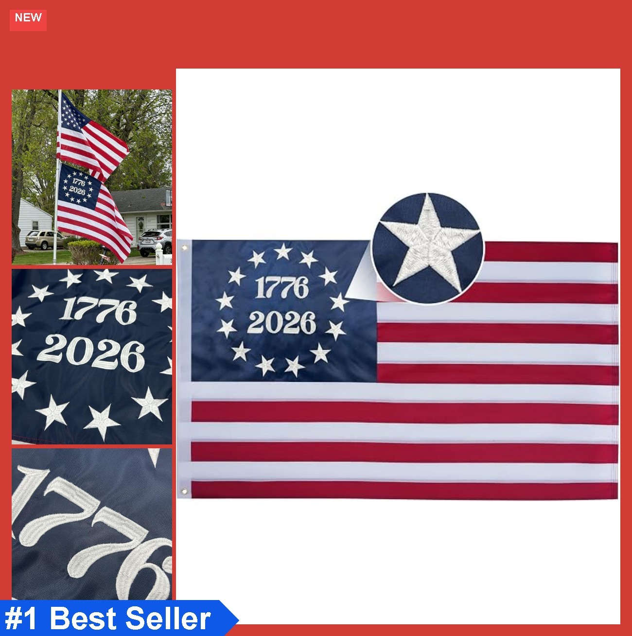 USA Flag 3×5 Ft 13 Stars 1776 2026 250 Anniversary Embroidered Polyester