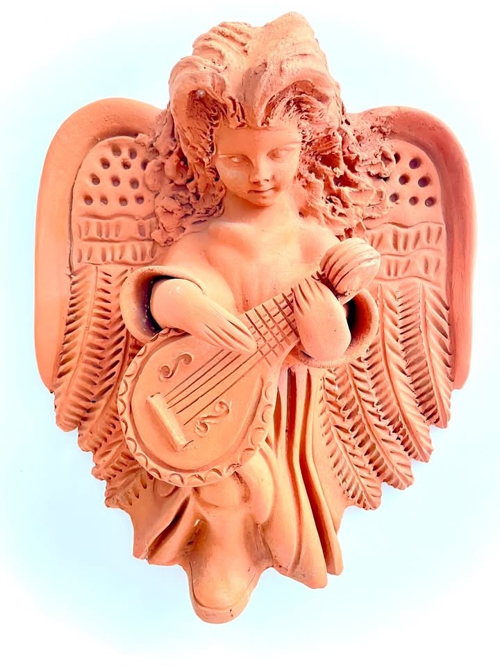 Vintage Terracotta Guitar Musical Angel Wall Hanging Sculpture.