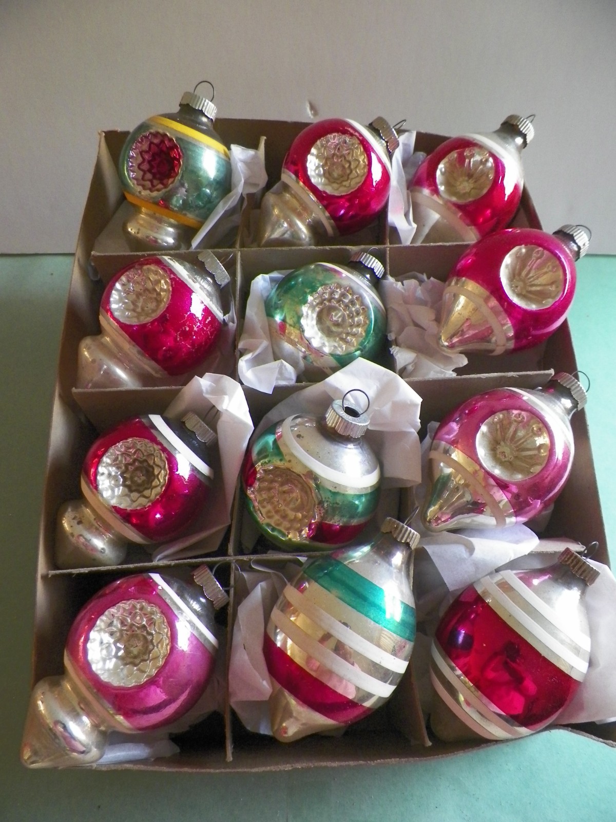 Vtg Shiny Brite Christmas Ornaments Double Reflector Indent Starburst Box of 12