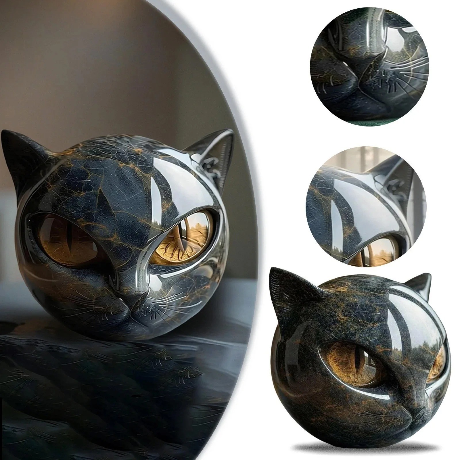 Black Cat Stone Figurine Resin Cat Head Marble Texture Healing Crystal Desk Deco