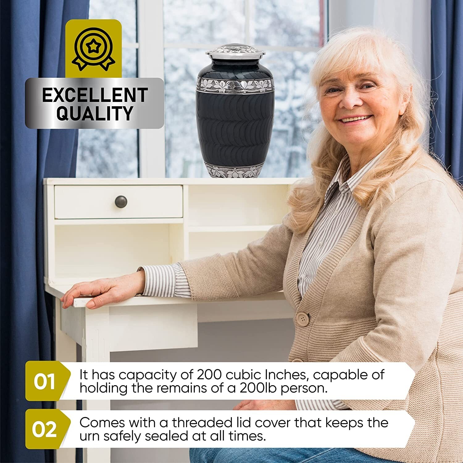 Dark Gray Cremation Urn for Adult Human Ashes with Velvet Bag
