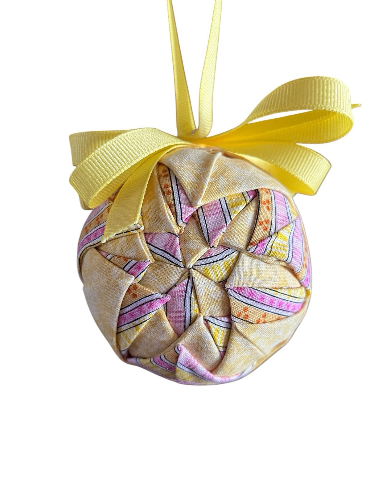 Handmade Quilted Folded Star 3″ Ball Ornament Yellow Pink Fabric Cottagecore