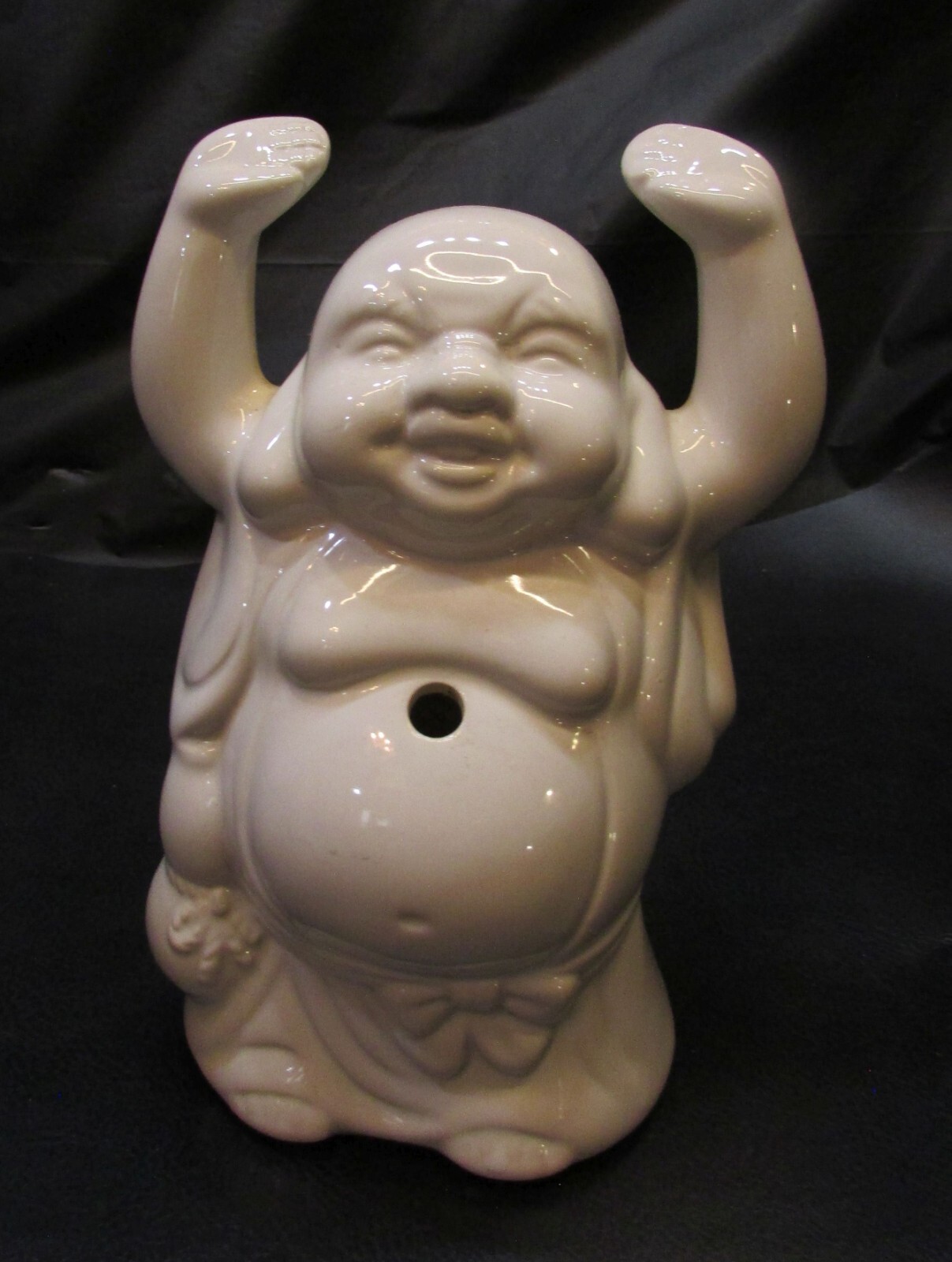 Happy Arms Up Buddha Tiki Drink Mug DW123 White Porcelain Belly Hole for Straw