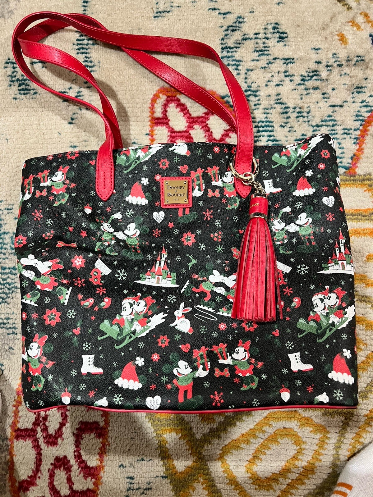 Dooney & Bourke Disney Mickey & Minnie Holiday Print Large Tote Bag Black Red