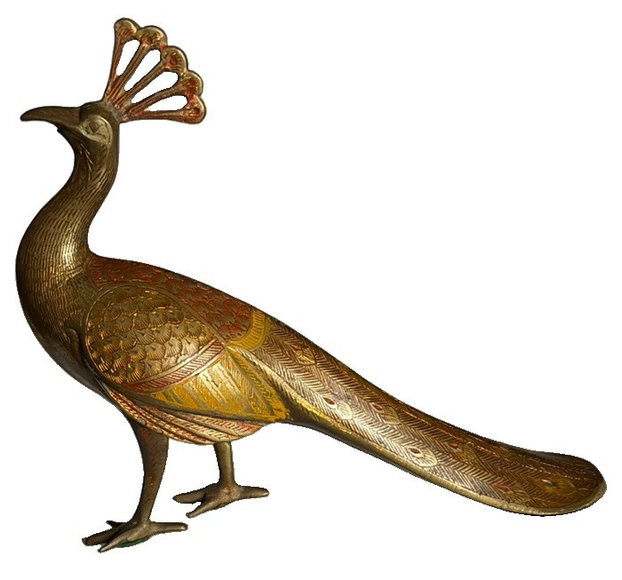 MCM Brass Peacock Sculpture Craftsmanship Handcrafted carved Details 8”h x 9”