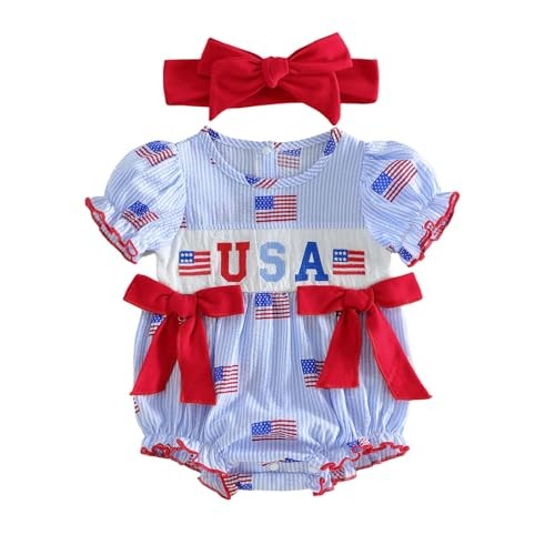 4th of July Baby Girl Outfit American Flag Romper USA Smocked 3-6 Months Blue