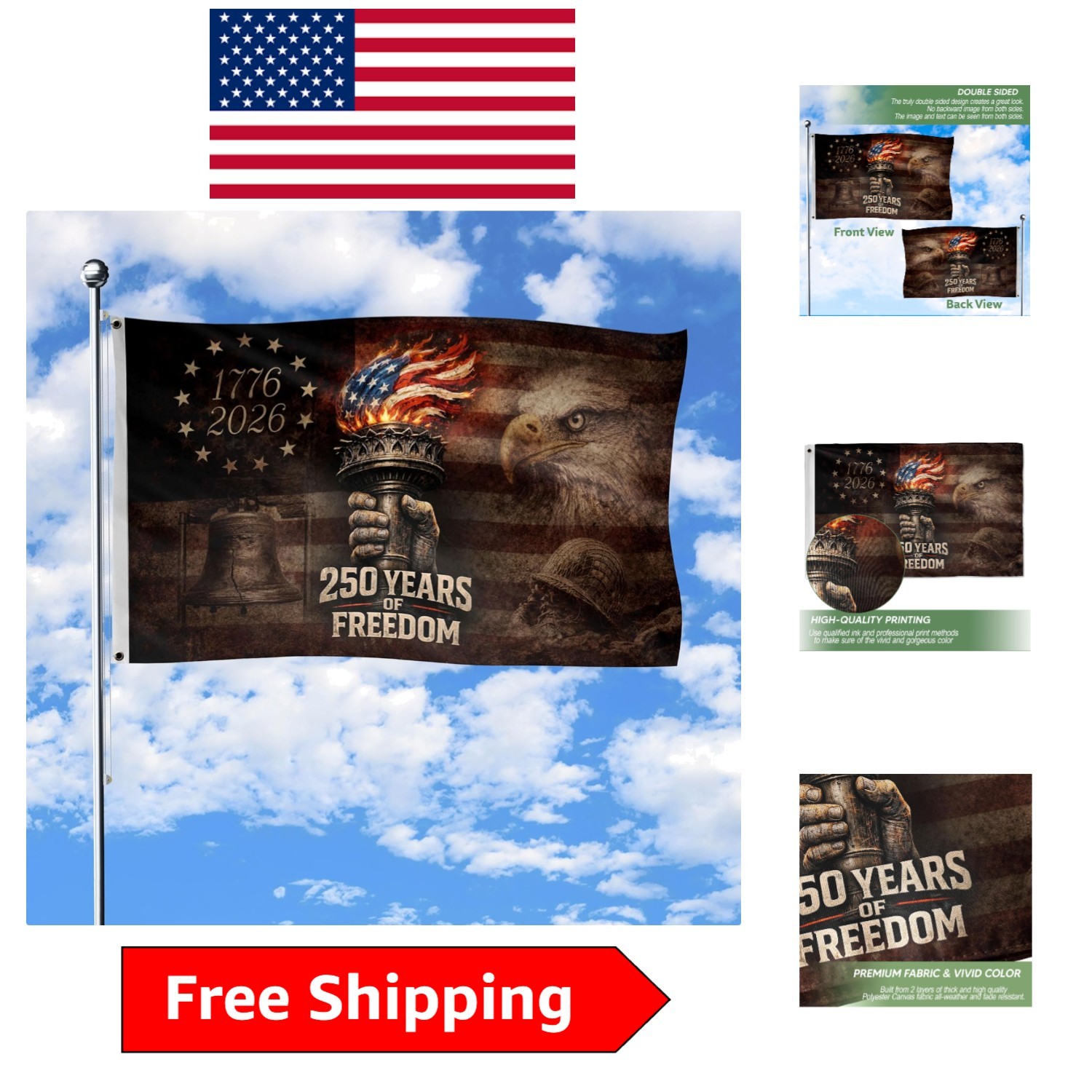 Durable Two-Sided 250th Anniversary USA Flag – 60″L x 36″W, Perfect for Gardens