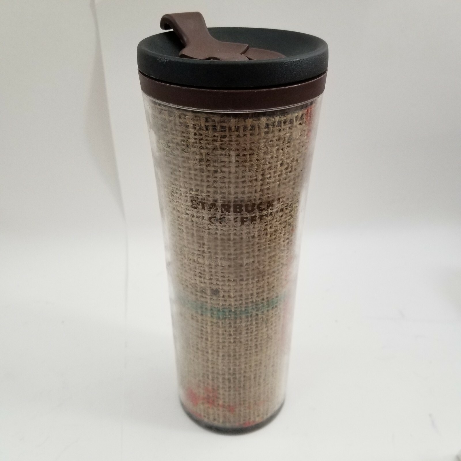 STARBUCKS 2010 BURLAP Coffee Bean Bag 16 oz Travel MUG Tumbler Acrylic