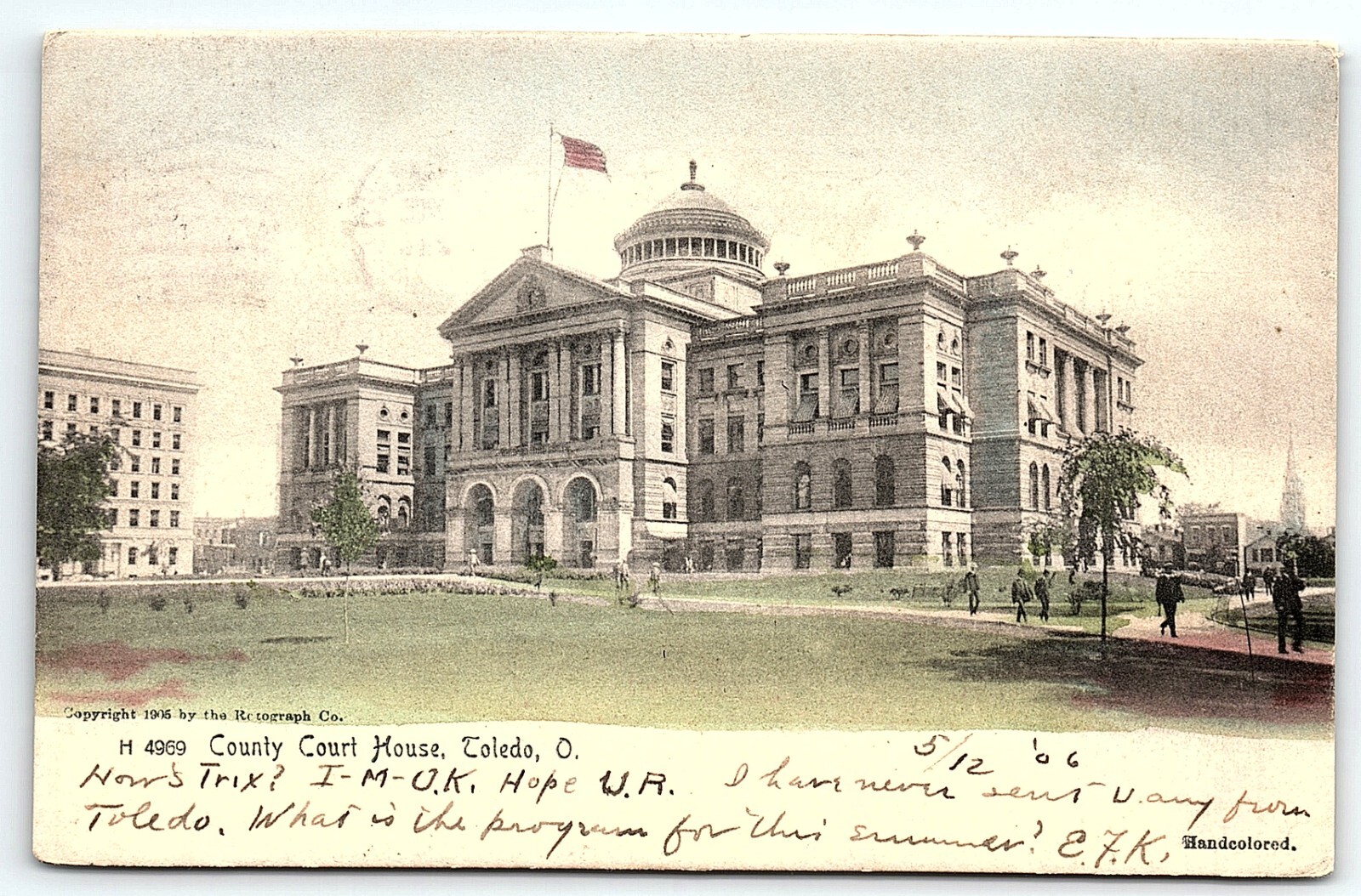 1905 TOLEDO OHIO COUNTY COURT HOUSE ROTOGRAPH HANDCOLORED POSTCARD P6431