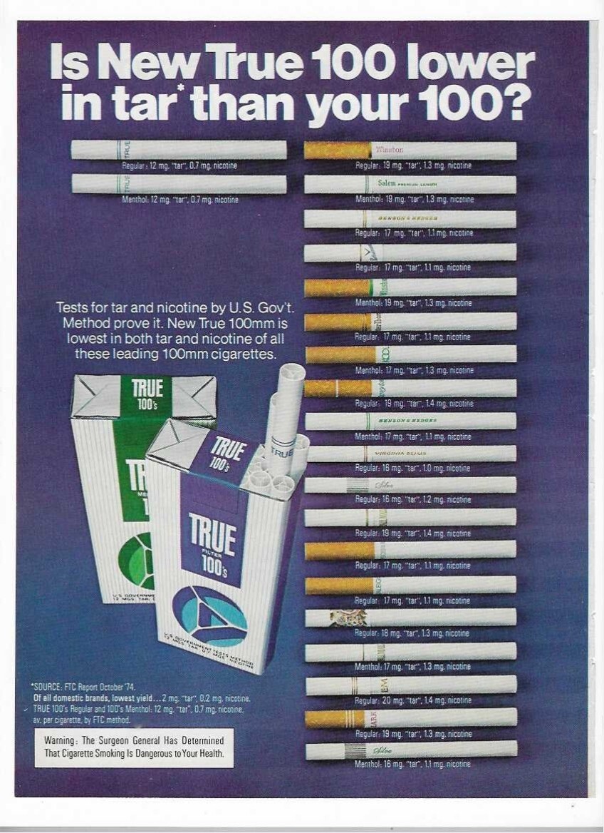 True Cigarettes Tobacco & Seagram’s V.O. 1975 Vintage Print Advertisements