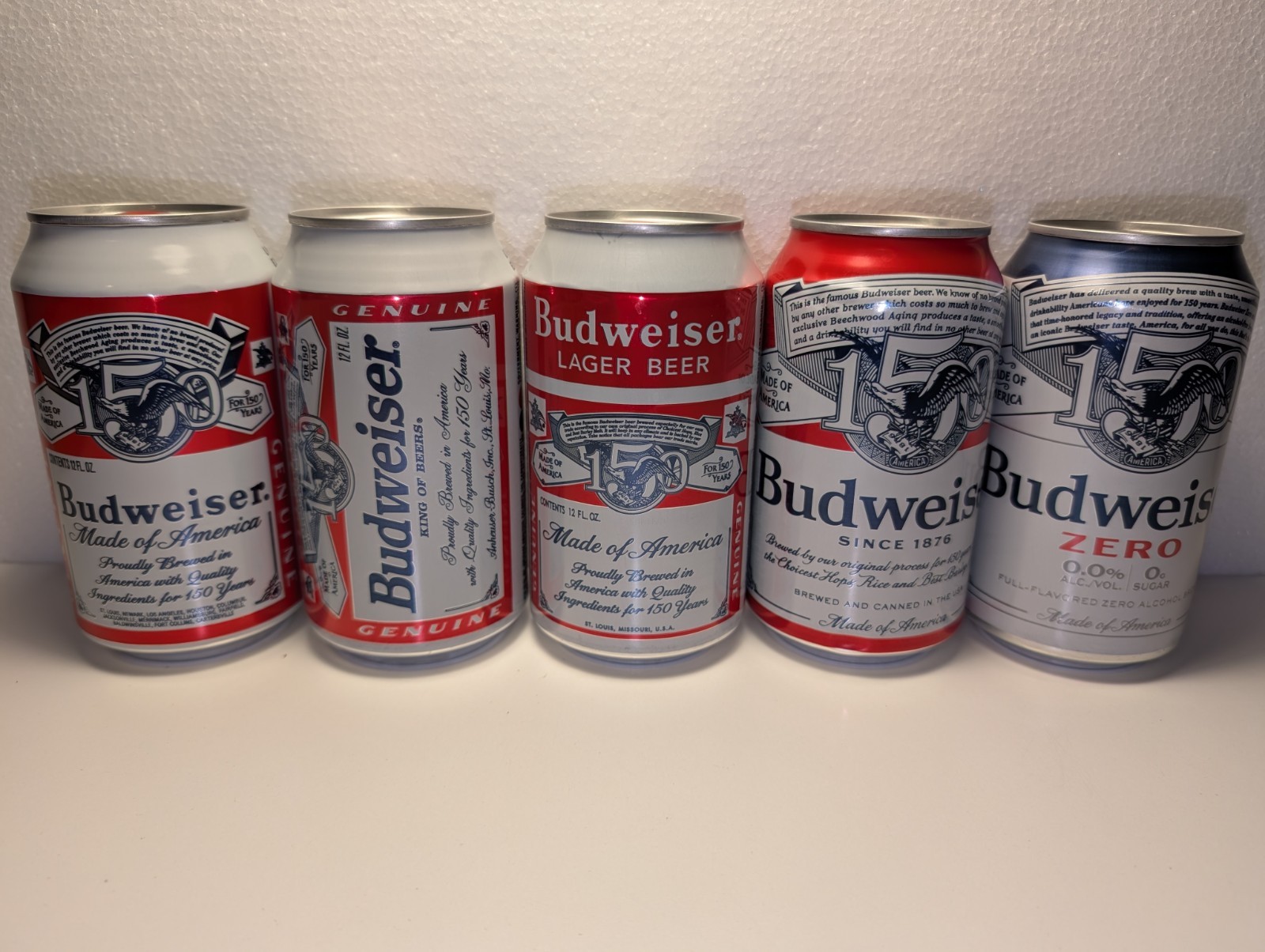 Budweiser 150 Years 12 oz. beer can set of 5 – Anheuser-Busch Co. 2026 – EMPTY