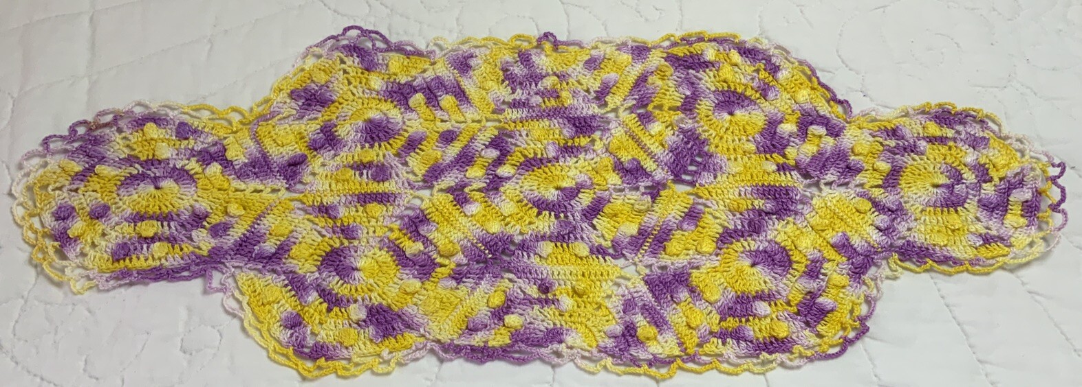 Vintage Rectangle Doily, Hand Crocheted, Pinwheel Design W/ Dots, Yellow, Purple